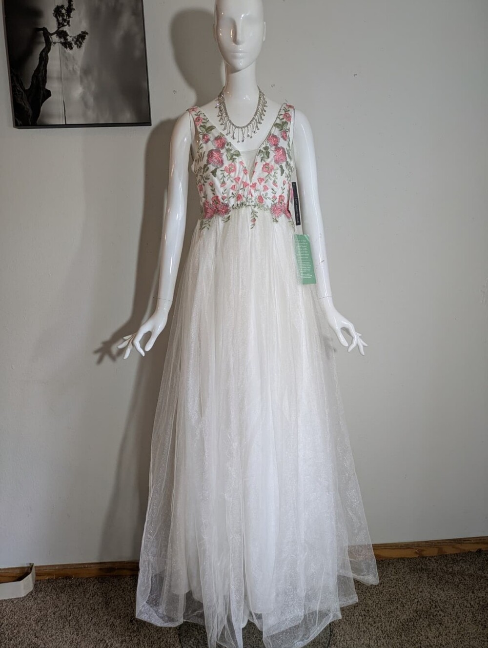 NWT My Michelle White Pink Floral Embroidered Tulle Maxi Long Dress Size 3 / S